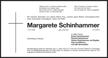 Traueranzeige von Margarete Schinhammer von Pegnitz-Zeitung